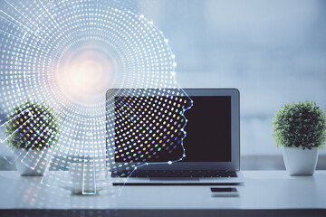 Aufkleber - Double exposure of desktop with computer and brain drawing hologram. Artificial intelligence concept.