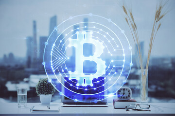 Poster - Double exposure of blockchain and crypto economy theme hologram and table with computer background. Concept of bitcoin cryptocurrency.