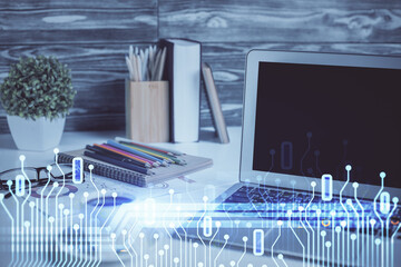 Aufkleber - Multi exposure of desktop with computer on background and tech theme drawing. Concept of big data.