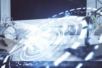 Poster - Double exposure of desktop with computer on background and tech theme drawing. Concept of big data.