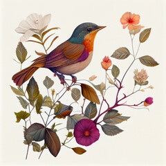 Illustration of a bird with flowers. beautiful color bird on flora. Leaves, twigs and flowers on a white background.