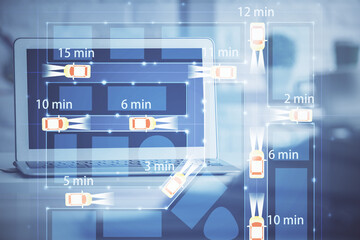 Poster - Desktop computer background in office with automobile hologram drawing. Multi exposure. Tech concept.