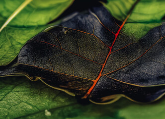 Aufkleber - Close up Beautiful abstract leaf in light. Minimalism modern style concept. Dark Background pattern for design.	