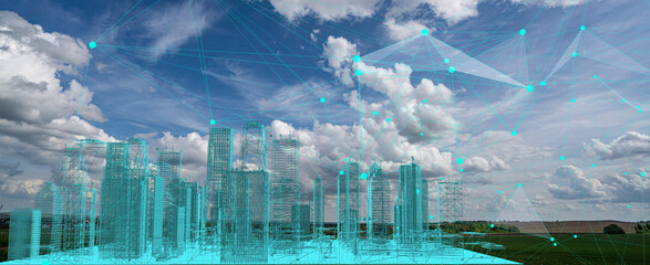 Poster - Smart city and abstract polygon pattern connection with speed line light, big data connection technology concept .