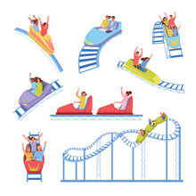 Roller Coaster. Happy Kids Riding On Funny Attraction Russian Mountains Fast Scary Rides. Vector Cartoon Templates
