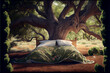 Bed under an oak tree suggesting summer, nap and siesta