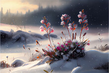 Flower Blooming In A Frozen Winter Landscape Announcing The Beginning Of Spring