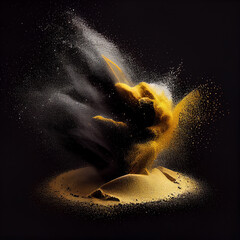 ochre, black and white powder suggesting spices and coffee against a black background