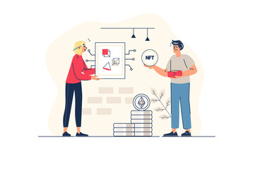 Aufkleber - NFT token concept in flat line design with people scene. Woman creates unique digital artworks and sells it on online auction site, man invests cryptocurrency in art. Illustration for web