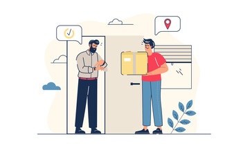 Aufkleber - Shipping concept in flat line design with people scene. Man works as courier in delivery service and fast carrying parcel to door. Customer order delivery and track online. Illustration for web