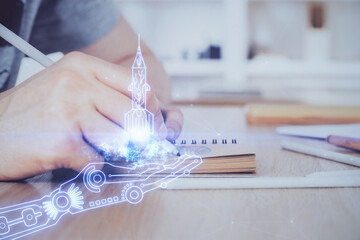 Poster - Creative start up concept hologram multi exposure with human hand background.