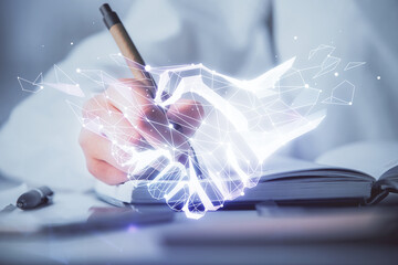 Poster - Handshake drawing over hands taking notes background. Concept of success. Double exposure