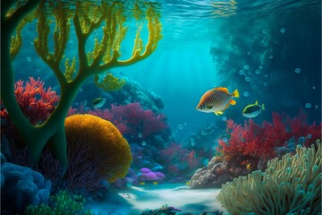 Fototapete - Colorful multicolored underwater landscape with coral fish and algae in blue water and sun rays Sea background cartoon illustration.AI generated.