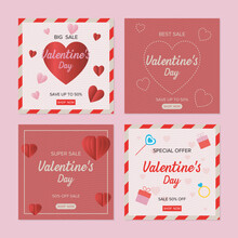 Set Of Valentines Day Letter Style Instagram Post Template With Hearts, Gifts, Ring, Candies And Paper Hearts