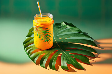 Wall Mural - Mango lemonade beverage on a green backdrop. Sunlight and a palm leaf's harsh shadow on a white table. Concept of summer, the tropics, and juicy. Generative AI