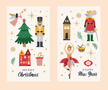 Merry Christmas, New Year Set With Nutcracke, Ballerina, Mouse King. Christmas Card With Three And Toys.