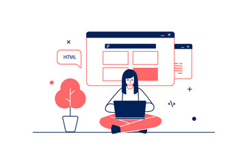Aufkleber - Web development concept in flat line design with people scene. Woman creates site layouts and optimization for different screens, coding and fillings graphic content. Illustration for web