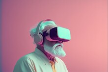 Old Man Wearing VR Headset Exploring The Metaverse, Minimal And Clean. Generative AI