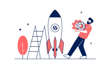 Aufkleber - Startup concept in flat line design with people scene. Businessman launches startup, develops and improves company, invests money in entrepreneurship, achieves success. Illustration for web