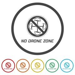 Sticker - No drone zone sign. Set icons in color circle buttons