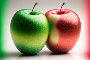 Close up of two apples in a red and green color on a white background. Generative AI