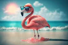 Suncglasses On Flamingo On The Beach, Summer Holiday Beach Banner, Created With Generative Ai