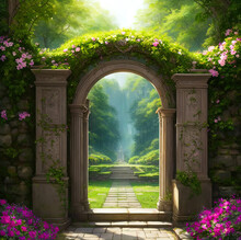 Beautiful Fantasy Gate, Surrounded By Greenery. 