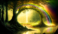 Magical Fantasy Fairytale Forest With Rainbow. Digital Art	