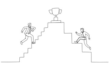 Wall Mural - Drawing of businessman going up the stairs towards the trophy at the top. Continuous line art