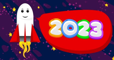 Poster - Rocket in space with number 2023 in red speech bubble. Cartoon Animation.