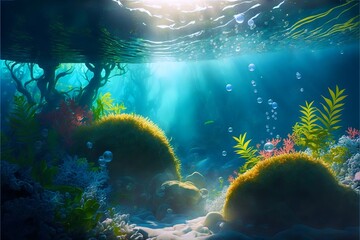 Fototapete - Bright illustration of underwater flora with sunbeams and air bubbles.Underwater ocean landscape with light glare.AI generated.