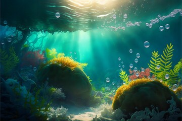 Fototapete - Bright illustration underwater flora with sunbeams and air bubbles.Underwater ocean landscape with emerald water and light glare.AI generated.