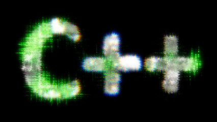 Poster - green cybernetical text C++ with noise distortion, isolated - object 3D illustration