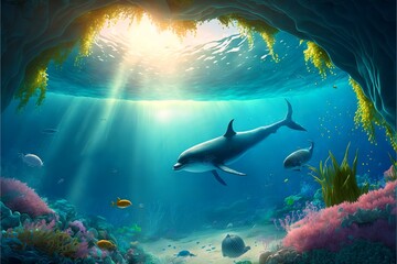 Fototapete - Swimming dolphin at the bottom of the sea with sunbeams.Ocean colorful background with light flare dolphins and fishes.AI generated.