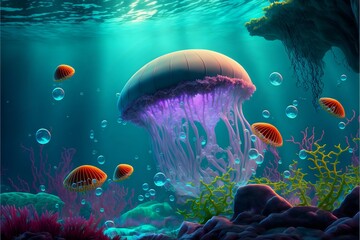 Fototapete - Jellyfish floating in turquoise water against the background of corals. AI generated.