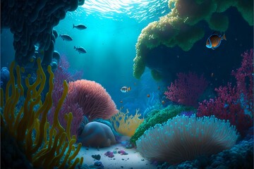 Fototapete - Colorful multicolored underwater landscape with coral fish and stones with sun rays on the background. Oceanic background with tropical flora and fauna.AI generated.