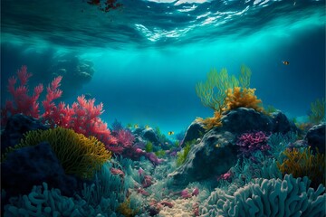 Fototapete - Colorful multicolored underwater landscape with corals, rocks and beautiful blue water. Oceanic background with tropical flora.AI generated.