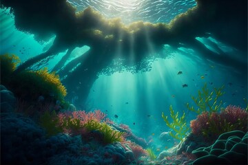 Fototapete - Ocean depths colorful illustration of underwater life.Sea lagoon with plants and sunbeams breaking through.AI generated.