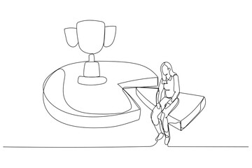 Wall Mural - Drawing of businesswoman working effective and efficient and being productive get trophy. One continuous line art style