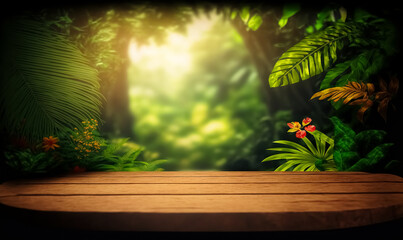 Poster - Empty wood table top with blur jungle background with bokeh light, copy space	
