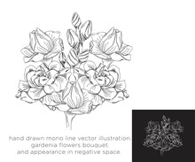Hand Drawn Mono Line Vector Illustration.
Gardenia Flowers Bouquet.
And Appreance On Negative Space.