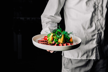 Sticker - chef holding Roast beef salad with vegetables in hand