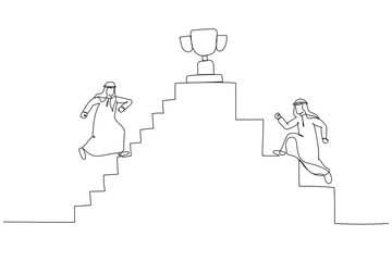 Wall Mural - Illustration of arab businessman going up the stairs towards the trophy at the top. Single continuous line art style