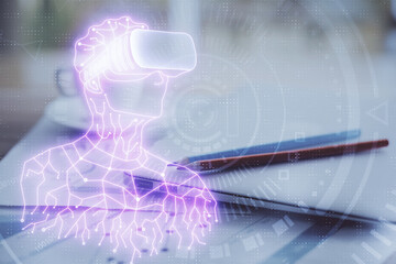 Poster - Computer on desktop with AR theme icon. Multi exposure. Concept of augmented reality.