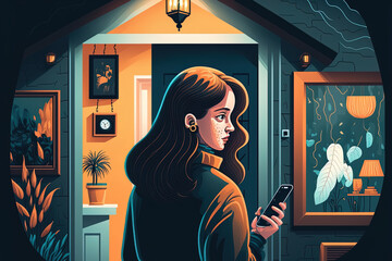 Poster - A young woman is seen at home using a security program on her smartphone. idea of maintaining and regulating home security with a mobile device. Generative AI