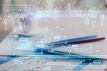 Poster - Double exposure of table with computer on background and data theme hologram. Data technology concept.
