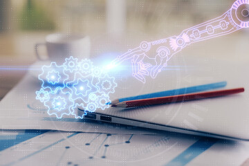 Poster - Double exposure of table with computer on background and data theme hologram. Data technology concept.