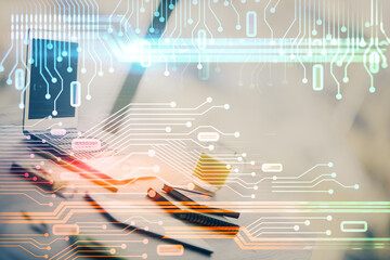 Poster - Double exposure of table with computer on background and data theme drawing. Concept of innovation.
