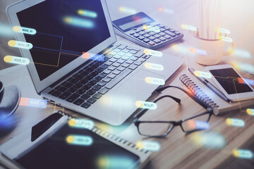 Aufkleber - Double exposure of table with computer on background and data theme drawing. Concept of innovation.