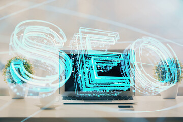 Aufkleber - Double exposure of table with computer and seo drawing hologram. Search optimization concept.